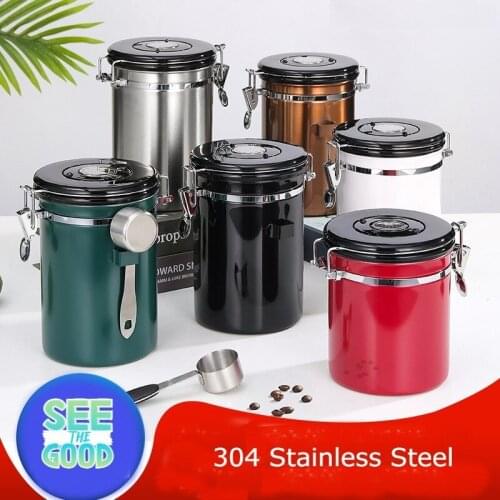1.5/1.8L Coffee Canister With Scoop Airtight Cafe Box Stainless Steel Storage Container For Coffee Beans Tea Dry Nuts Fruits