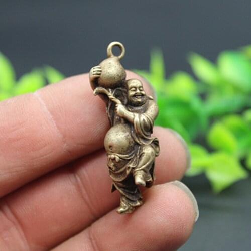 Mini) Elaborate Chinese Brass Maitreya Buddha Holding a Gourd Auspicious Statue Pendant