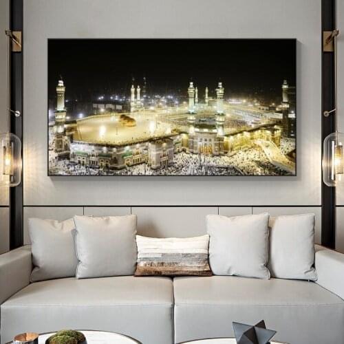 Islamic Wall Art Posters Mecca Mosque City Night View Canvas Paintings On the Wall Art Muslim Decorative Picture Home Decoration