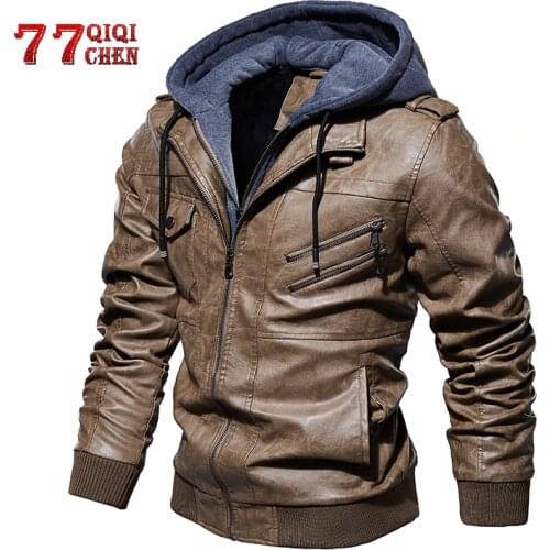 Moto Leather Jacket Men Oblique Zipper 2020 Military Autumn Male Hooded Pu Leather Jackets Coat Removable Hood jaqueta de couro