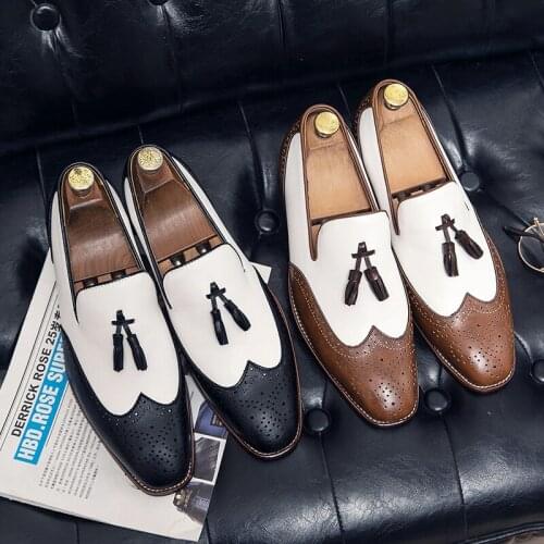 2021 Korean Designer Pointed Toe Men Leather Shoes Casual Mixed Colors Formal Dress Loafers Big Size Tassel Wedding Brogue Shoes