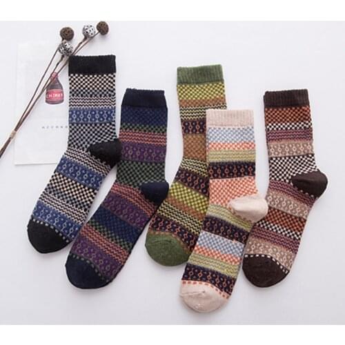 Men Socks Retro National Style Winter Thicking Mid Tube Socks for Women Keep Warm Grid Pattern 1Pair Wool Socks