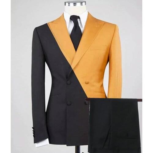 2021 Double Breasted Black Gold Jacket Pant Men Wedding Suits Groom Tuxedo Groomsmen Suits Peaked Lapel Wedding Suits for Men