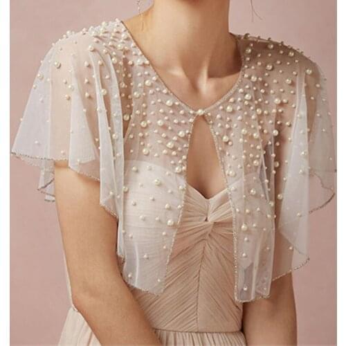 2021 New Pearls Tulle Wedding Shawl Satin Bolero Jackets For Bridal Party Coat Bridal Wrap Custom Made Wedding Jacket