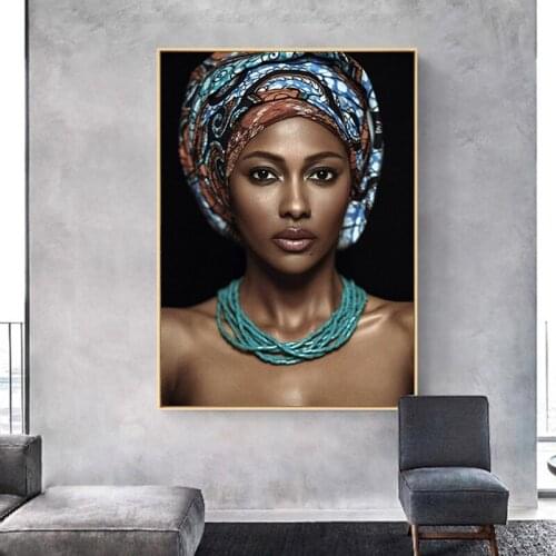 Nude African Woman Indian Headband Canvas Painting Posters and Prints Quadros Wall Art Picture Cuadros for Living Room No Frame