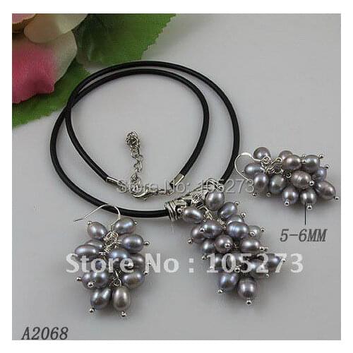 Wholesale Elegant jewelry set AA 5-6MM gray fresh water pearl necklace earring Hot sale free shipping 10set/lot