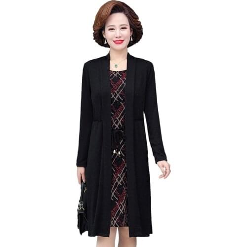 Spring autumn women dress casual plus size vintage flowers dress women long sleeve office ladies work midi dress fake two pieces