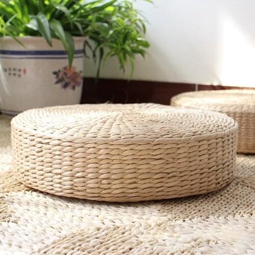 Hand Woven Round Sitting Cushion Japanese Tatami Floor Natural Cattail Mat Room Floor Straw Padded Multifunction for Outdoor