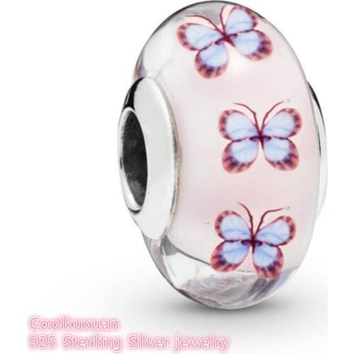 Spring 100% 925 Sterling Silver Butterfly Glass Charm beads Fits Original Pandora bracelets Jewelry Making