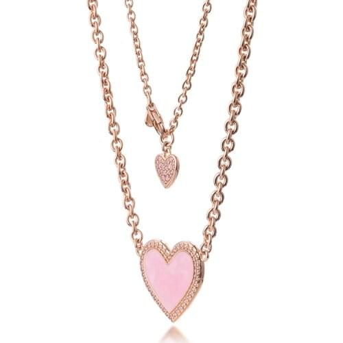 Pink Swirl Heart Collier Necklace & Pendant Sterling Silver Jewelry 50cm Chain Woman DIY Jewelry Making