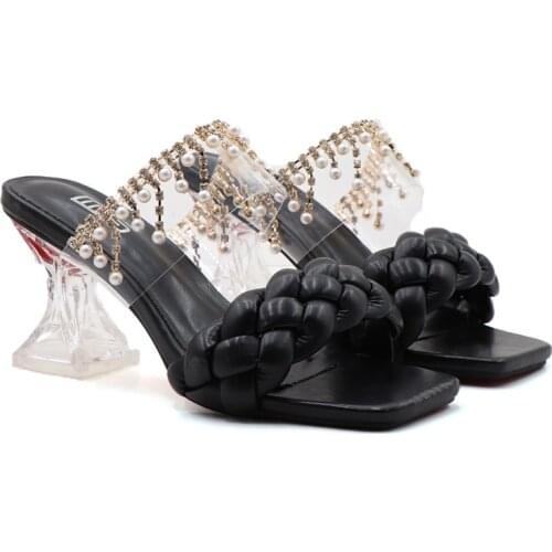 New Roma Fashion Women Summer Slipper Square Toe Chain Sandals Weave Ladies Party Get-Together Transparent Square Heel hy182