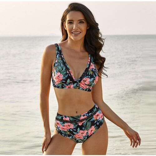 New High Waisted Swimsuit With Cup 2 piece Women Deep V Skin Tight Bikini Set Halter Neck Swimwear Triangle String Beachwear XL