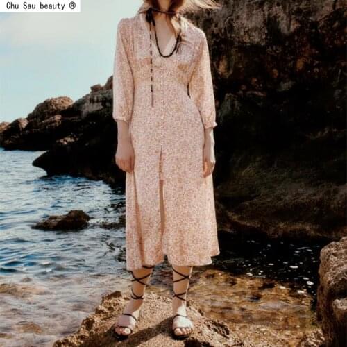 2021 Autumn New Fashion Floral Print French V-Neck Folds Puff Sleeve Lace High Waist Long Sleeve Thin Beach Dress Women Vestido