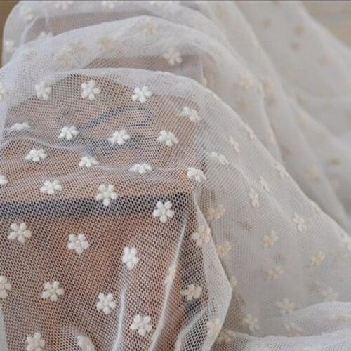 3 yards Cream Tulle Lace Fabric, Embroidered Daisy Lace Fabric, Vintage Gauze Lace Fabric