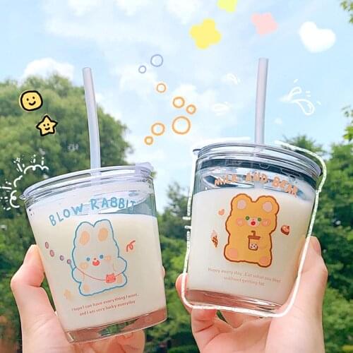 300ml Cartoon Creative Glass Cup With Straw Lids Clear Milk Kawaii Boba Bear Original Coffee Juice Water Cups for Girl