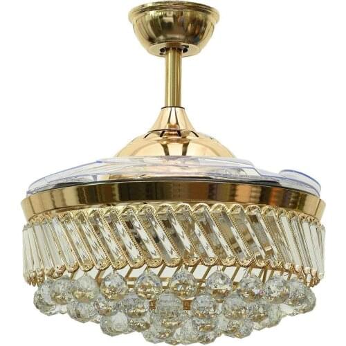 42 Inch Invisible Crystal Ceiling Fans with LED Light and Remote, Indoor Ceiling Light with 4 Retractable ABS Blades Fans