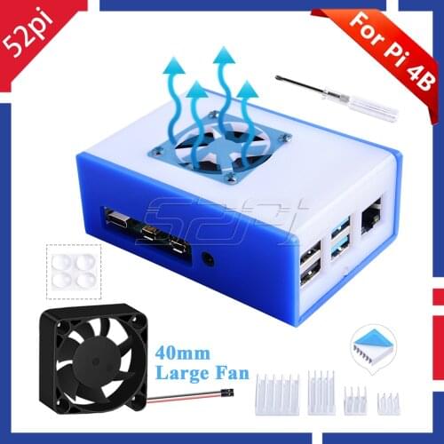 52Pi Acrylic Case Plastic Enclosure Shell Cover Blue / Red / Green with Large 4010 Cooling Fan Heat Sinks for Raspberry Pi 4B