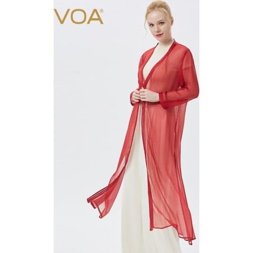 VOA Silk Satin Trim with Red and Black Colors Spread Out Skin-friendly Breathable and Versatile Long Sunscreen Cardigan WJ31