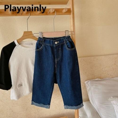 2021 Hot Sale New Autumn Kids Boys Girls Pants Dark Blue Elastic Waist Denim Wide Leg Trousers Children Casual Clothes E6142