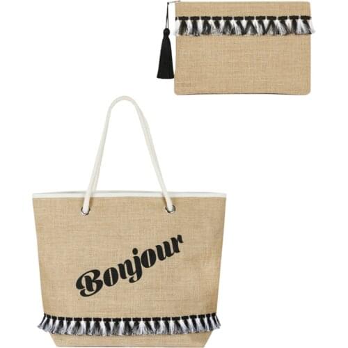 Set of 2 Jut Beach Bag And Portfolio Bag Double Set Women Fashion Fringed Summer Tropical Shoulder Bag Top Bag Shopping Bags