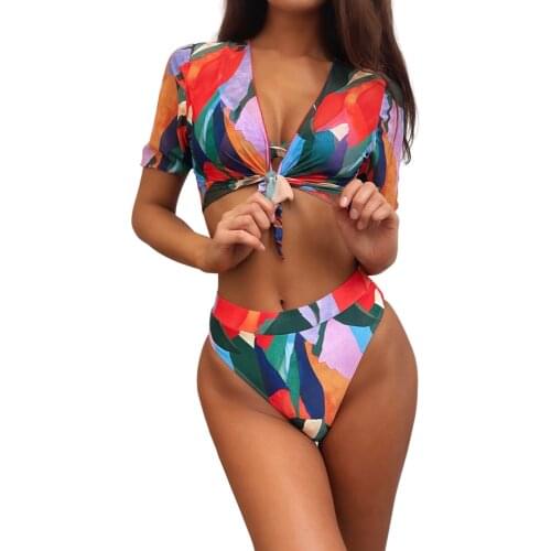 Women Three-piece Swimming Clothes Set, Tangerine Printed Pattern Bikini Tops, Shorts and Crop Tops