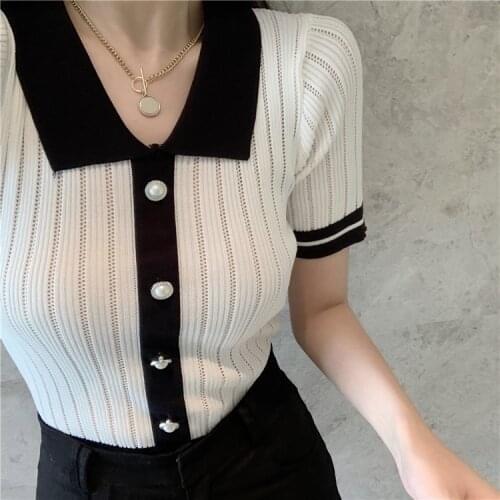 Summer Short Sleeve Knitted T-shirts Girls Patchwork Buttons Stretchy Pullover Black And White Tees Crop Tops For Women