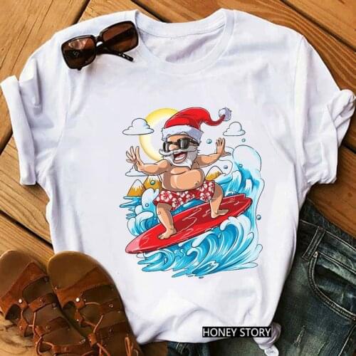 FIXSYS Summer Beach Santa Claus Print Female Tee Shirt Merry Christmas Ulzzang T Shirt Women/Men Suitable All Seasons Tops