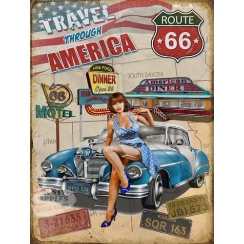 Highway Route 66 Travel Through USA Car Pin-up 1950s Diner 1950s Antique Metallic Tin Markers, Cinema, Metal Tin Sign