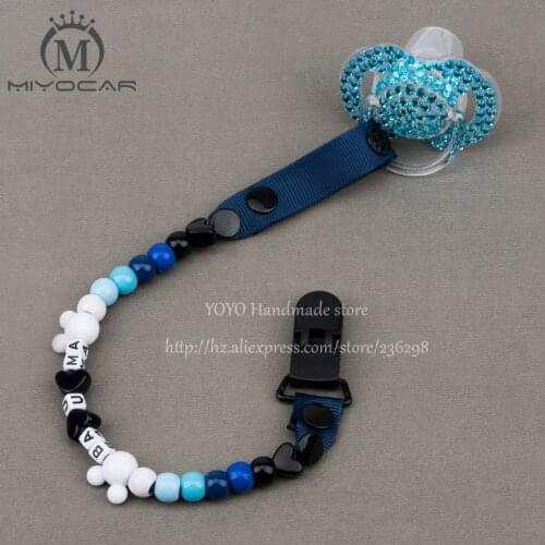 MIYOCAR Personalised -Any name 2016 Hand made blue white beads dummy clip holder pacifier clips soother chain for baby