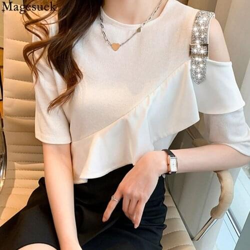 Fashion Ruffles Blouse Women Off Shoulder Summer Shirt 2021 Short Sleeve Office Lady Tops Cotton O-neck Blusas De Mujer 15808