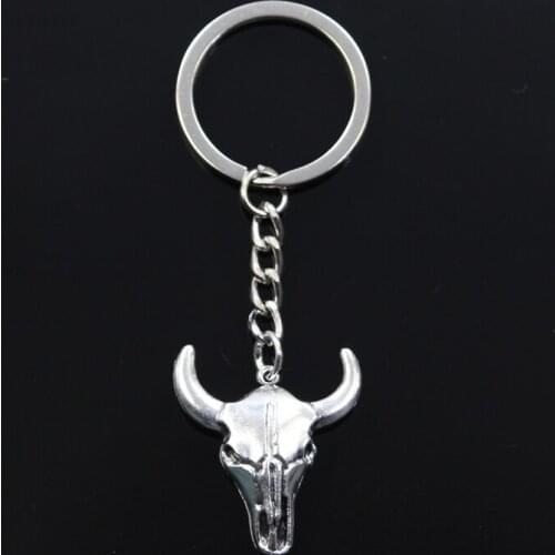 Fashion 3cm Key Ring Metal Key Chain Keychain Jewelry Antique Bronze Silver Color Plated Bull Skull 32x28mm Pendant