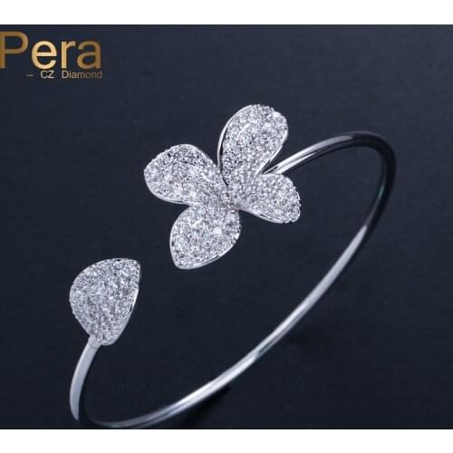 Pera Fashion Ladies Prom Party Adjustable Size Bangle Jewelry Silver Color Big Flower Shape Cuibc Zircon Bracelet For Gift Z003