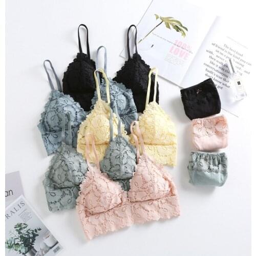 New Women Underwear Wire Free Cotton bra thin 3/4 cups Bra and Panty Set Hollow Lingerie Women Brassiere Bralette 5 Colour