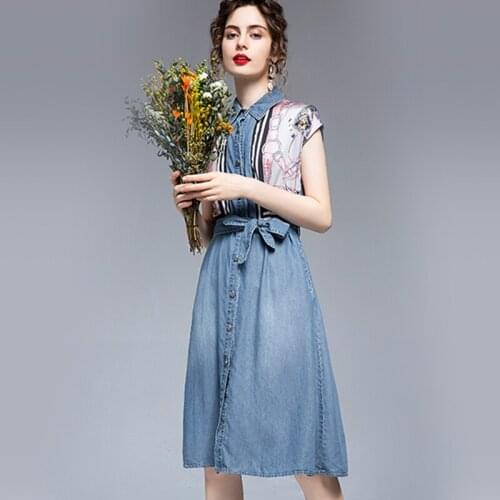 New Denim Dress Women Spring Summer 2021 Fashion Elegant Patchwork Short Sleeve Empire Waist Print Slim A-Line Dress