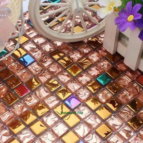 Iridescent Gold Electroplate Purple Pink Crystal glass Strip Mosaic Tiles for kitchen bathroom shower fireplace DIY Wall Decor