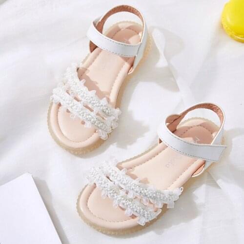 White Flower Girls Sandals Summer Beaded Leather Kids Pink Princess Shoes Roman New Fashion Children Back To School Sandals 3t 4