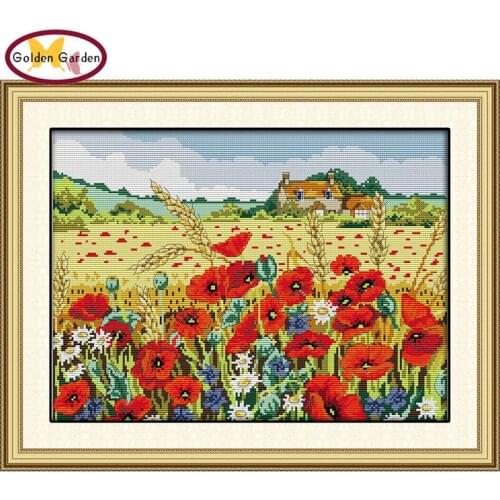 GG Corn Poppy Stamped Cross Stitch Patterns 11CT14CT DIY Kits Needlework Embroidery Chinese Cross Stitch Sets for Home Decor