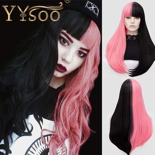 YYsoo Synthetic Long Straight Hair Cosplay Wig for Women Fashion Half Black Half Pink Wigs with Bangs Natural Wavy Wig for Girls