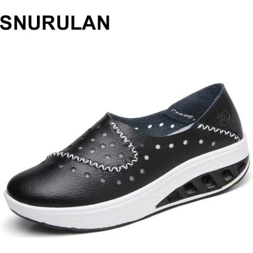 SNURULAN2020 spring women genuine leather flat shoes women platform sneakers Creepers cutouts without lace flat shoes moccasins