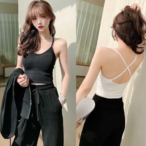 Women Sleeveless Crop Tops Sexy Cross Back Womens Singlet Tops Solid Color Sling Tank Tops Off Shoulder Camisoles