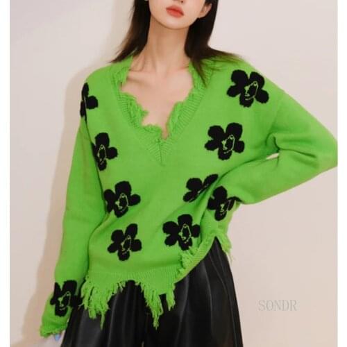 2021 Autumn Oversized Sweater Floral Frayed Sweater Women Cool Ripped V Neck Drop Shoulder Lazy Oaf Pullover Sweaters Streetwear