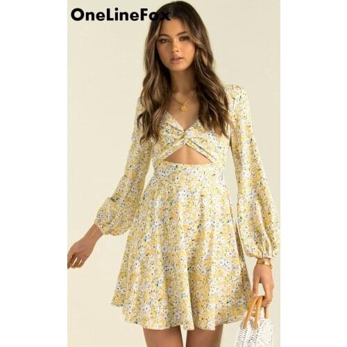 OneLineFox Womens Autumn Floral Dress Puff Sleeve Print V Neck Twist A Line Long Sleeve Mini Yellow Dress Fashion Skirt