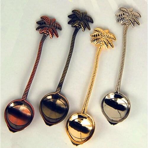 100pcs/lot Tropical flavor coconut tree coffee spoon retro small spoon gold silver bronze spoon Kitchen Tools