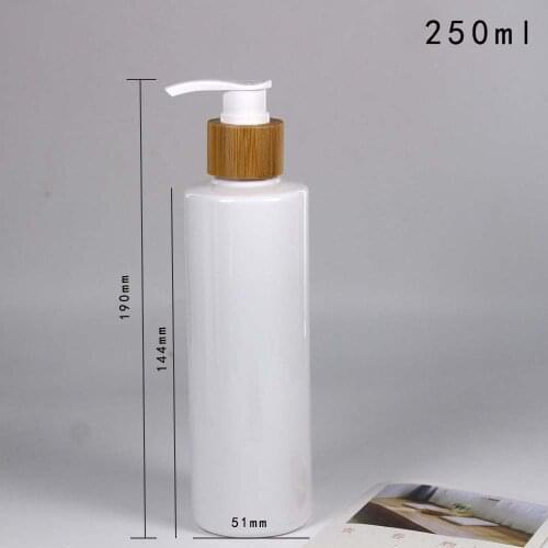 250ml Hight capacity Cylindrical emulsion bottle plastic PET lotion bottle with bamboo cap