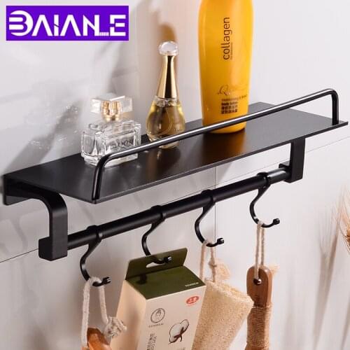 Aluminum Bathroom Shelves Shower Storage Rack Black Wall Mounted Bathroom Shampoo Shelf With 4 Hooks Multipurpose Toilet Racks