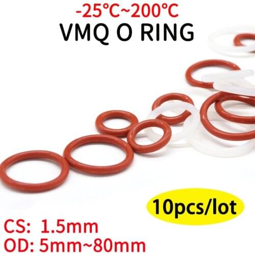 10pcs VMQ O Ring Seal Gasket Thickness CS 1.5mm OD 5~ 45mm Silicone Rubber Insulated Waterproof Washer Round Shape White Nontoxi