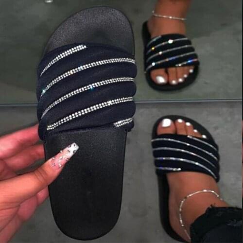 Bling Fashion Comfortable Ladies Slides PU Rhinestone Casual Outdoor Beach Summer Slippers Crystal Platform Womens Shoes