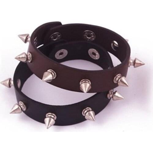 Metal Cone Stud Spikes Rivet PU Leather Biker Wristband Wide Cuff Punk Rock Bracelets Bangles For Women Men Unisex Gift