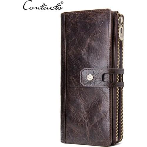 CONTACTS Genuine Leather Men Purse Long Wallets With Cell Phone Pocket Women Fashion Clutch Wallet Coin Purses Female Walet
