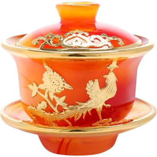 Cy Agate Gold Inlaid with Jade Porcelain Tureen Thickened and Anti-Scald Stone Colored Glaze Rock Tea Pu'er Kung Fu Tea Set